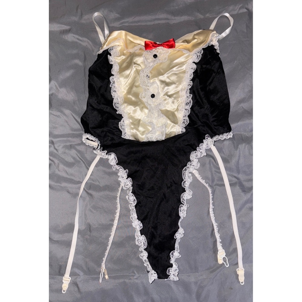 Vintage Lingerie Tuxedo One Piece Teddy Bodysuit w/‎ Garter Straps, Large
